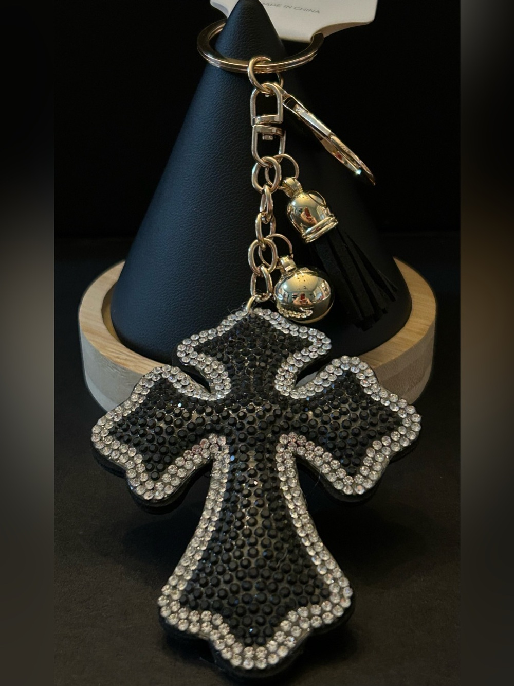 Black & Silver Crystal Cross Bag Charm Keychain with Gold Accents and Tassel